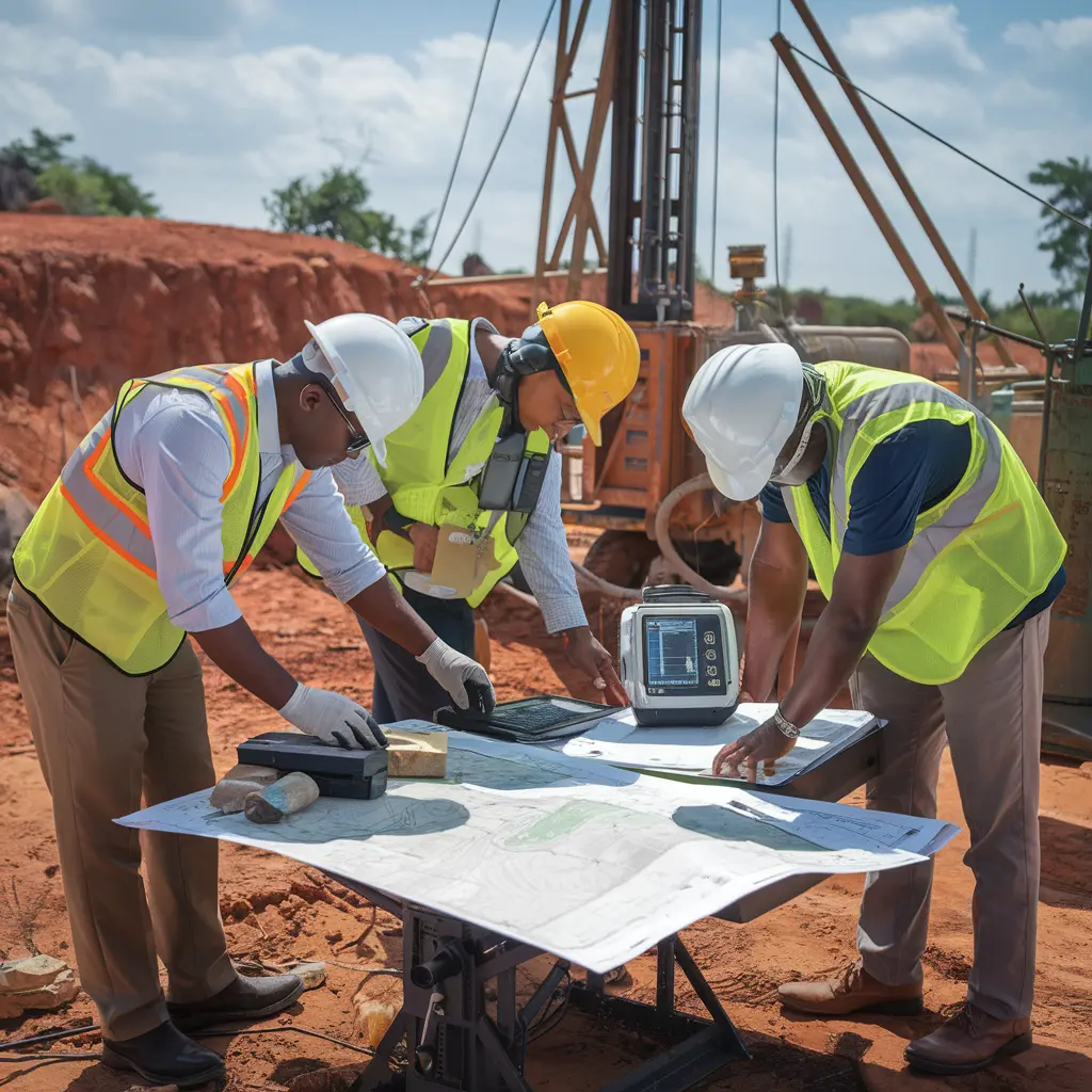 Professional geologists conducting mineral exploration and geological surveying in Nigeria using advanced equipment